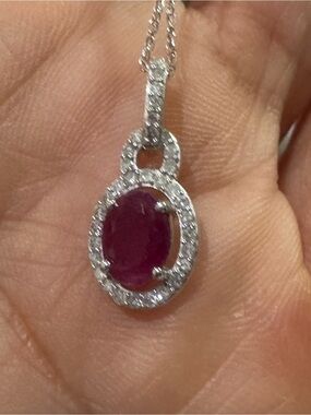 Vintage 1CT Natural Ruby & Diamonds Halo Pendant Necklace 10K White Gold